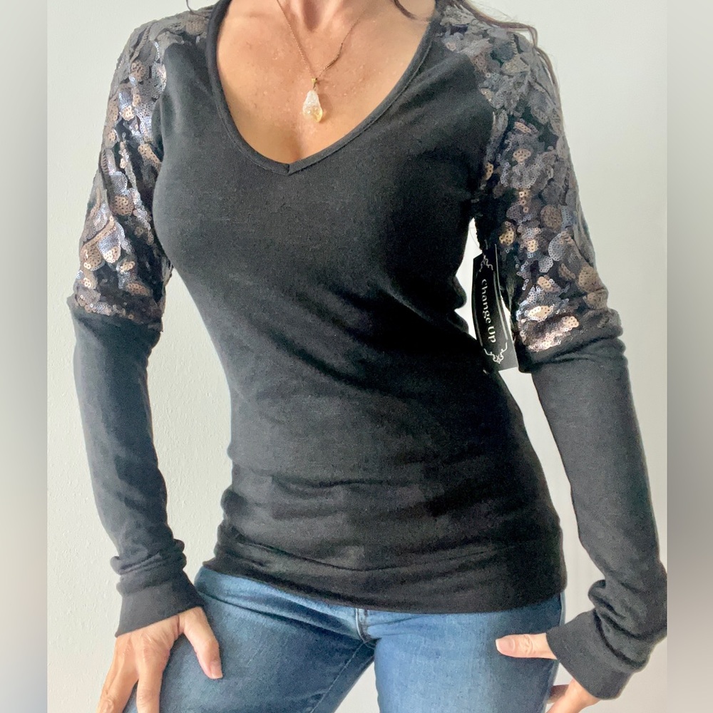 Long Sleeve Fitted Sequin Shoulder Sweatshirt